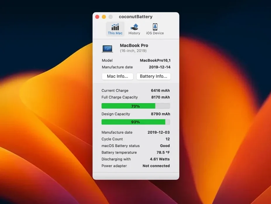 coconutBattery Plus 4.4.0 — view 3 coconutBattery Plus interface, view 3